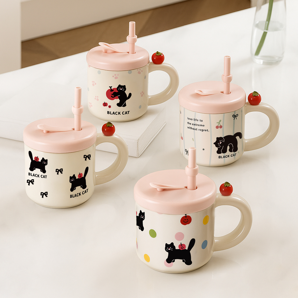 레토 머그컵 딸기 스푼 뚜껑 집들이 크리스마스선물 패키지 세트 400ml