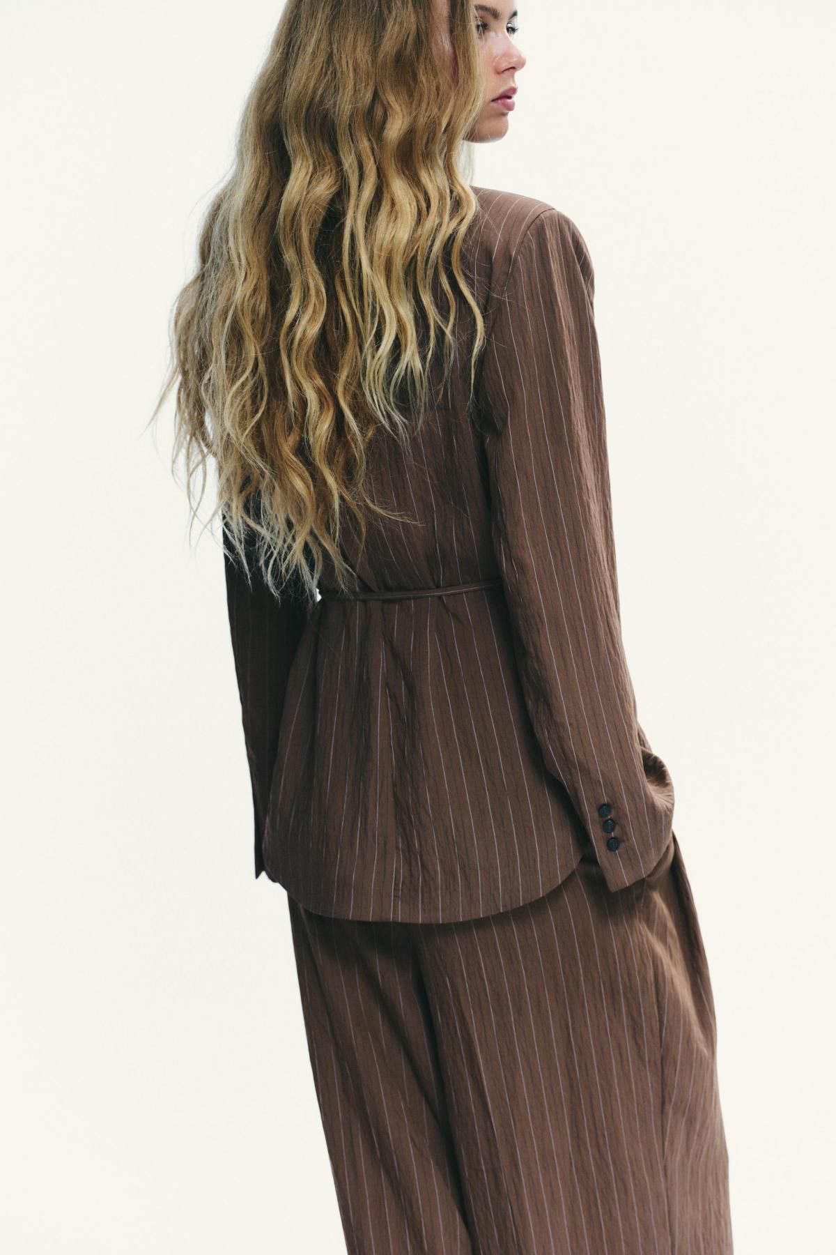 자라 스트라이프 숄더패드 벨티드 블레이저 2010/722 BROWN / ECRU - 상세 이미지 5
