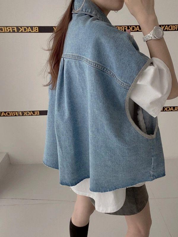 반팔자켓 캐주얼룩 허리자켓 여성 데일리 의상 데이트룩 데님 청자켓 여자 봄 가을 블루 프리사이즈 - 상세 이미지 4