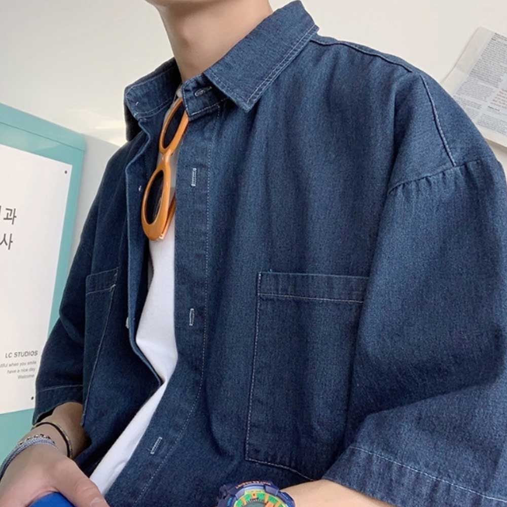 남자 데이트 룩 여름 코디 진청 데님 반팔 셔츠 코디 연청 XL - 상품 이미지