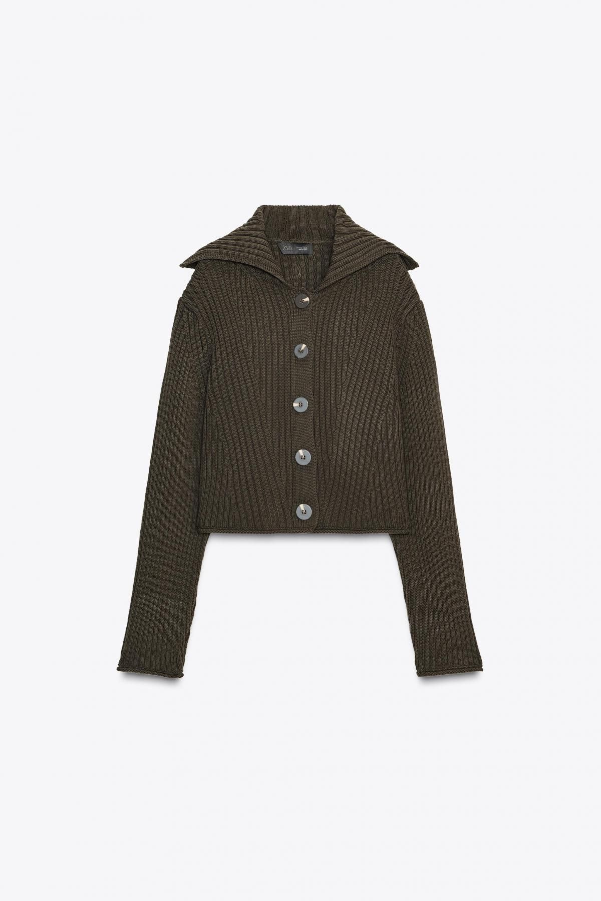 자라 버튼 브이넥 리브드 니트 가디건 6771/127 DARK KHAKI - 메인 이미지