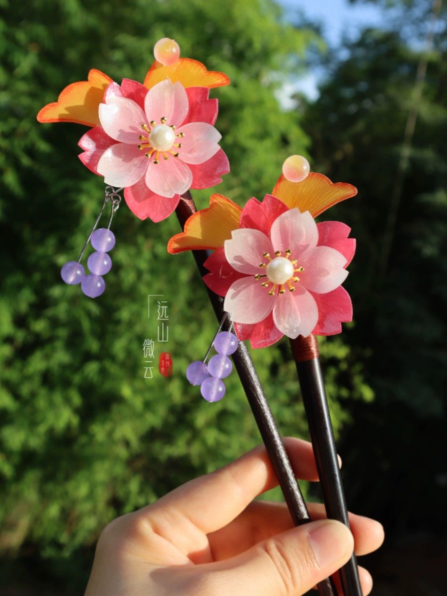장식구 올림머리 소품 신령님 벚꽃 나나미 프레 토모에 나무 핀 길이18cm - 상품 이미지