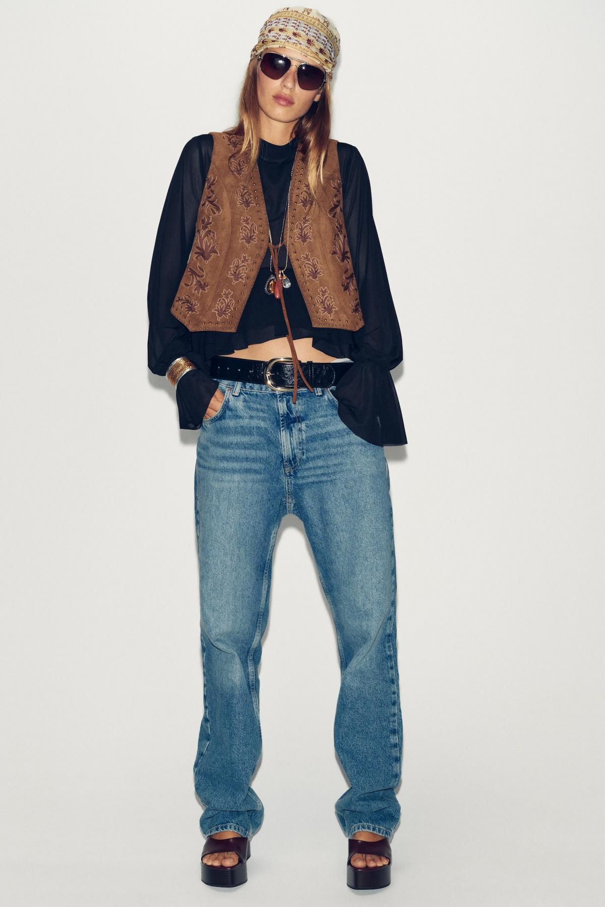 자라 보헤미안 페이크스웨이드 브이넥 비즈 자수 베스트 4344/621 TOBACCO BROWN - 상세 이미지 2