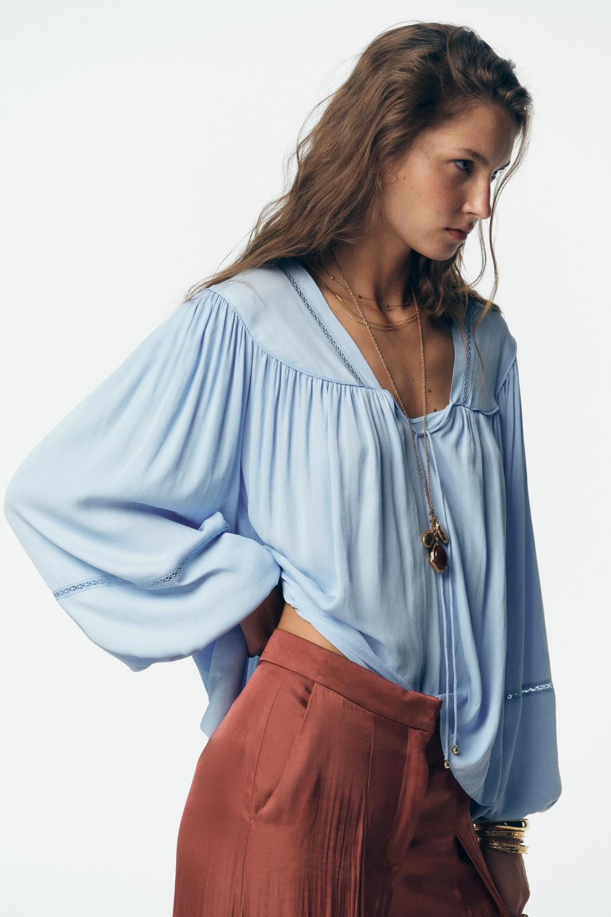 자라 플루이드 드로스트링 브이넥 블라우스 8649/842 LIGHT BLUE - 상세 이미지 4