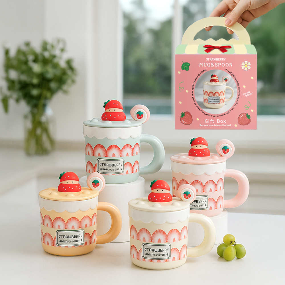 레토 머그컵 딸기 스푼 뚜껑 집들이 크리스마스선물 패키지 세트 400ml