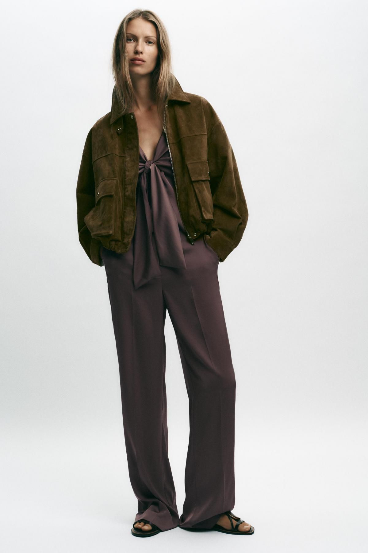 자라 새틴 매듭 홀터넥 점프수트 8757/511 BROWN / TAUPE - 상세 이미지 2