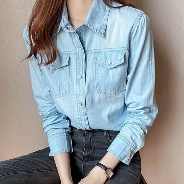 여성 데님셔츠 연청 진청 버튼 타입 코디 쉬운 GWM LD-1307 여자-연청-M - 상품 이미지