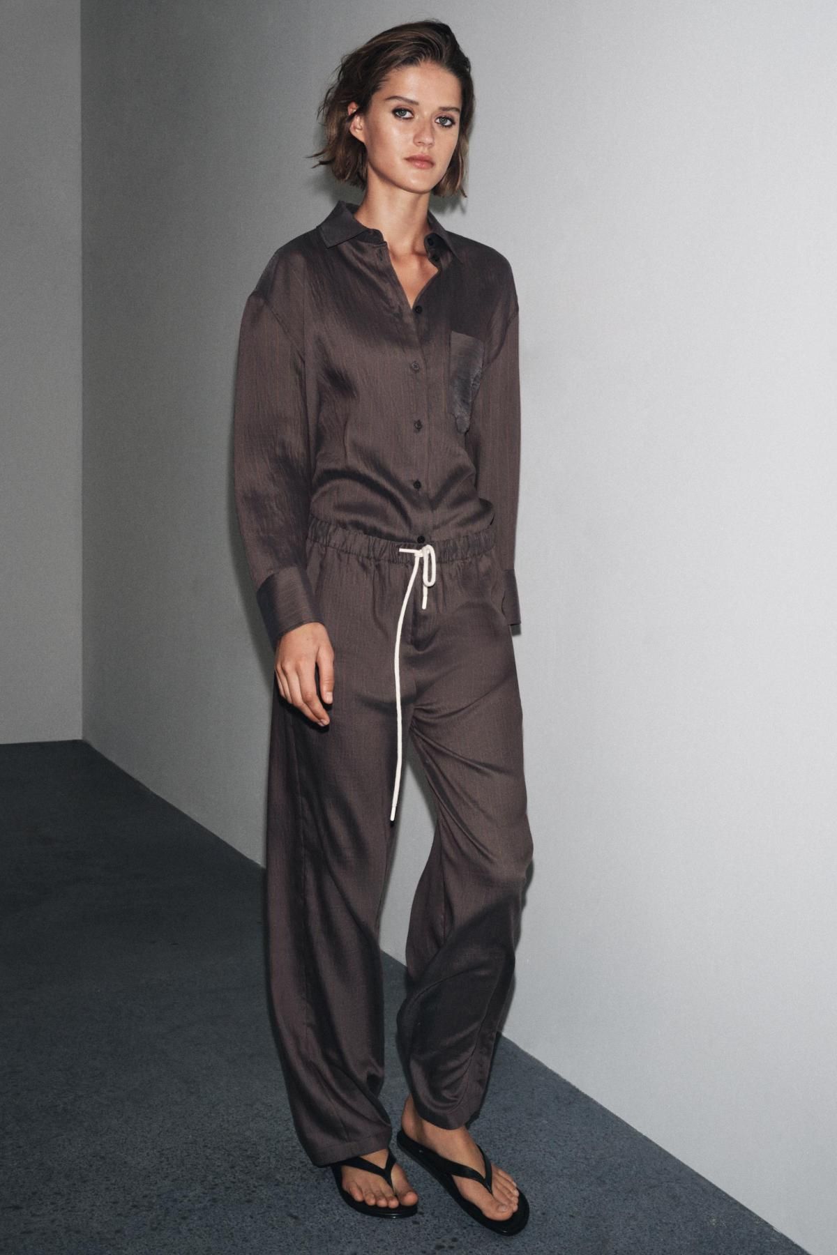 자라 테크니컬 스트라이프 파자마 와이드 팬츠 7563/259 CHOCOLATE BROWN - 상세 이미지 2