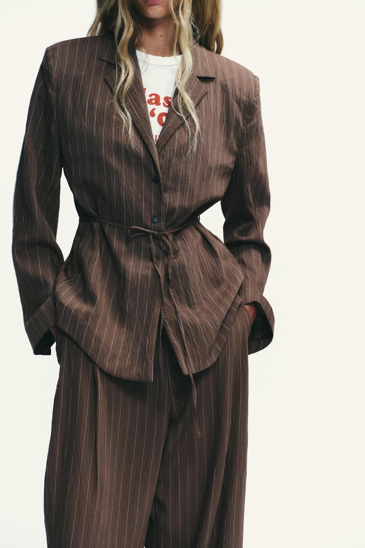 자라 스트라이프 숄더패드 벨티드 블레이저 2010/722 BROWN / ECRU - 상세 이미지 3