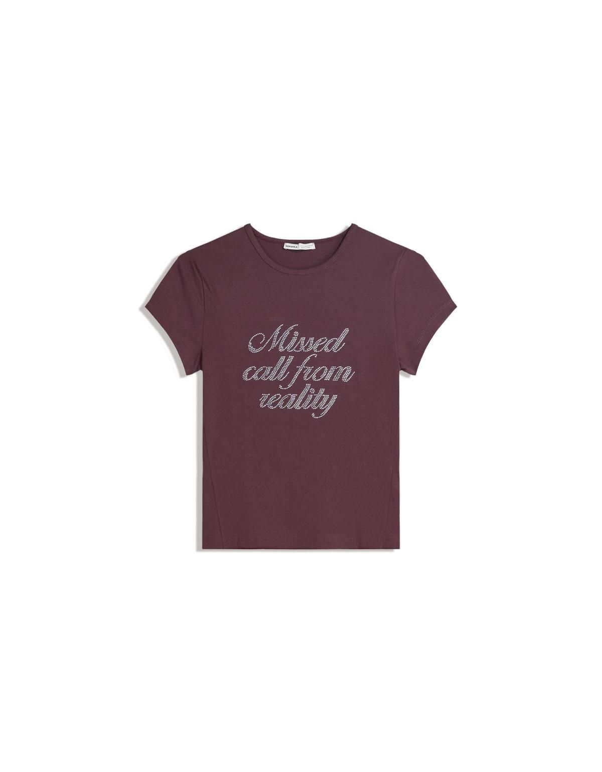 버쉬카 라인스톤 레터링 스트레치 반팔 티셔츠 7619/187 BURGUNDY - 메인 이미지