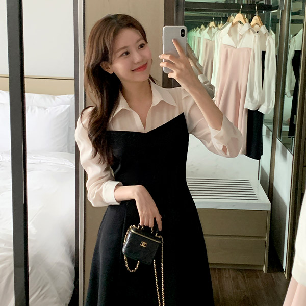 [자체제작] NEW버전 아뜰리에 2기장 셔츠 배색 플레어라인 원피스 op15110 - 상품 이미지