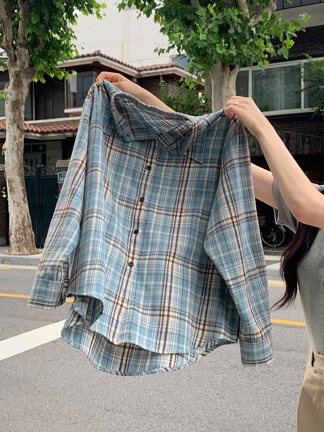 [자체제작] [루즈핏 체크셔츠] 블루 체크 긴팔 남방 오버핏 가을 데일리 셔츠 bs8340 - 상세 이미지 2