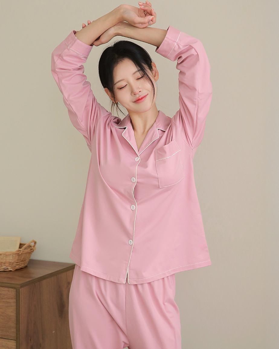 (N배송) DDO 여성 베이직 긴팔 무지 홈웨어 간절기 겨울 잠옷세트 파자마 상하세트 모스 - 상세 이미지 4