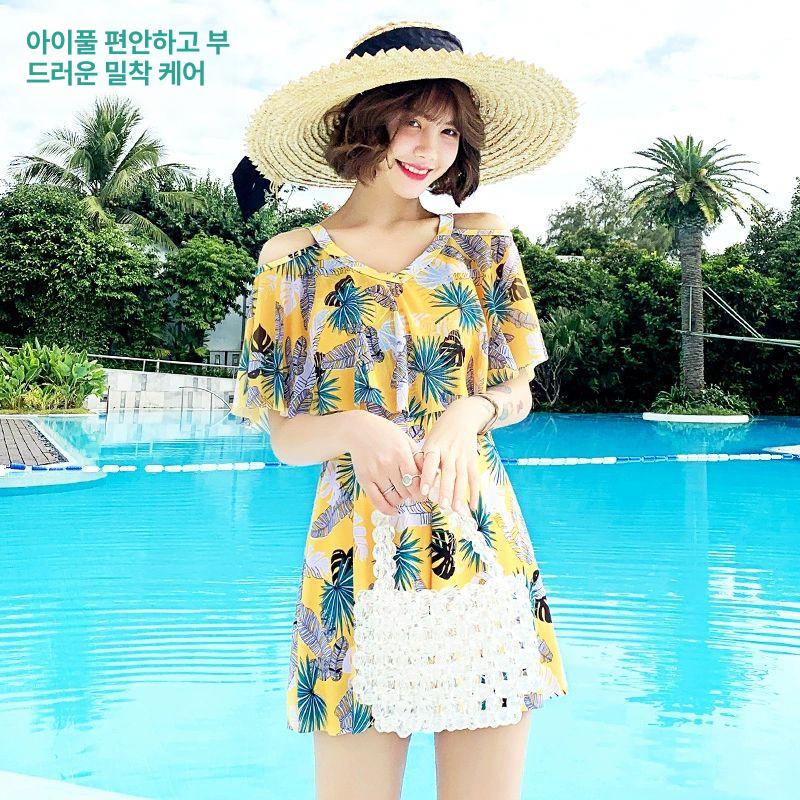 해외여행 수영복 비치웨어 여성수영복 프린트 중년 보수적 원피스 옐로우-연체화장실형 160 추천 체중 40.0-52.5kg - 상세 이미지 2