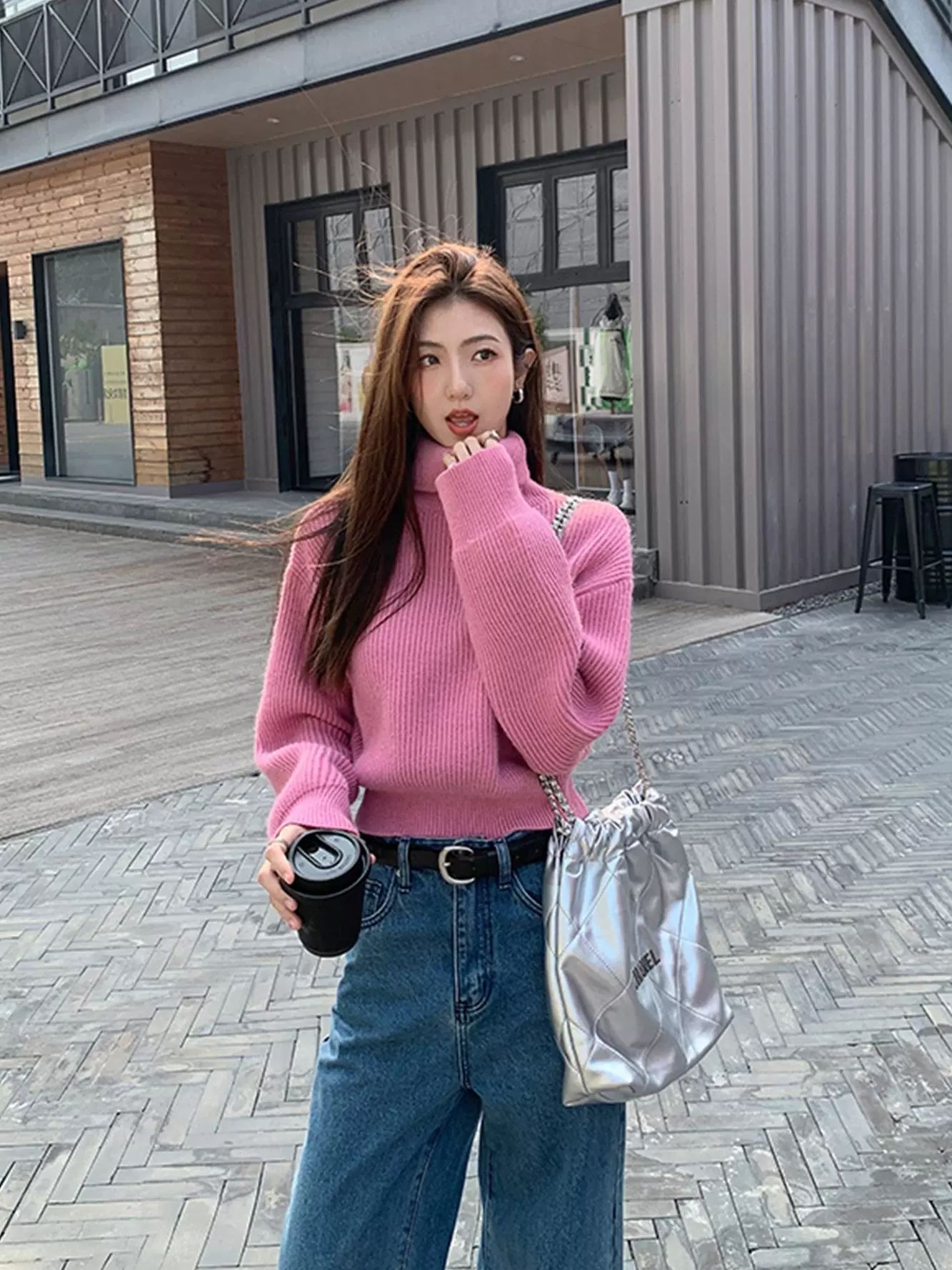 세미크롭니트 핑크 여성 하이넥 터틀넥 스웨터 핑크 M 45~50kg - 상품 이미지