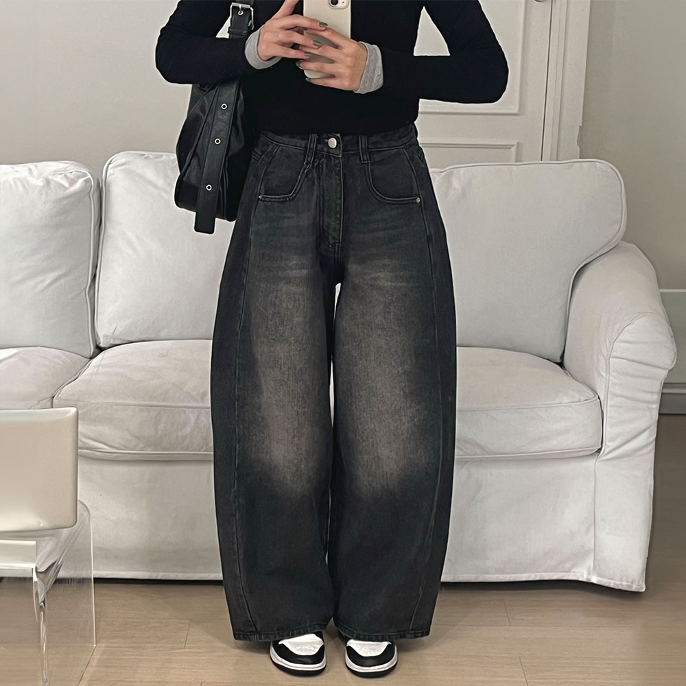 워싱데님 하체비만 핀턱청바지 벌룬핏 와이드팬츠 - 상품 이미지