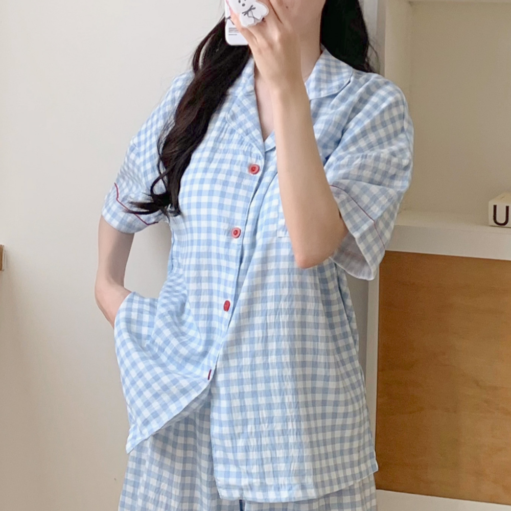 캡내장잠옷 여름파자마 수유잠옷 반팔 여성 홈웨어 바지 세트 - 상세 이미지 5