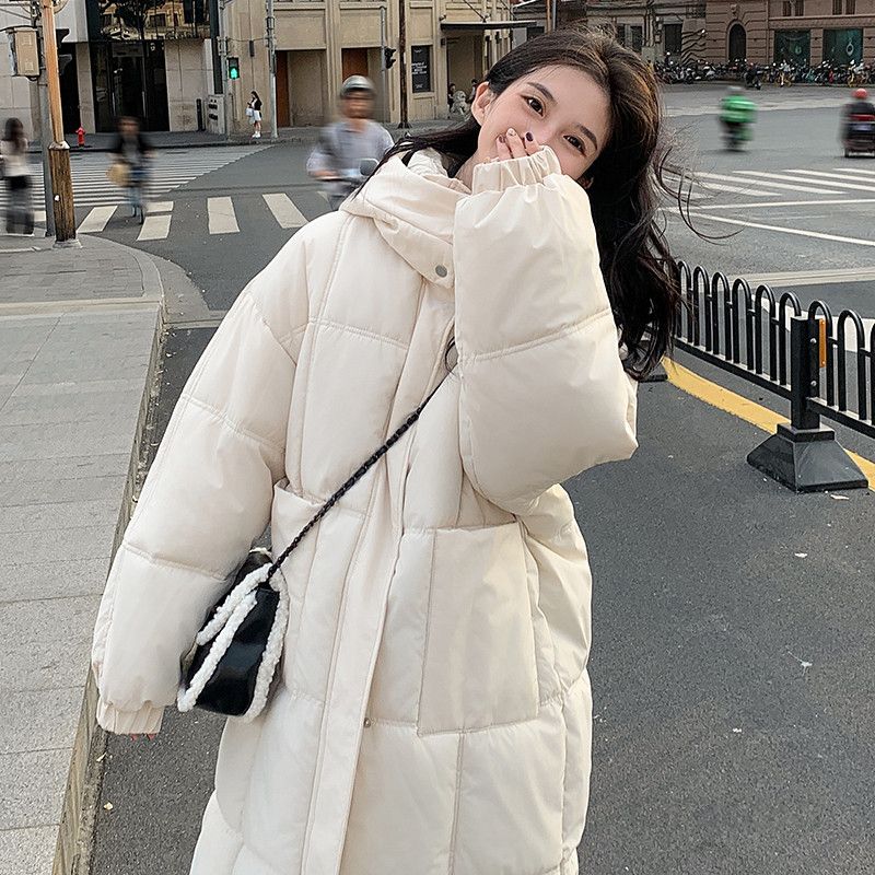 여성 롱패딩 옐로우 후드 재킷 중간 길이 겨울용 따뜻한 착용감 캐주얼 무릎 길이 스타일 편안한 아우터 - 상세 이미지 2