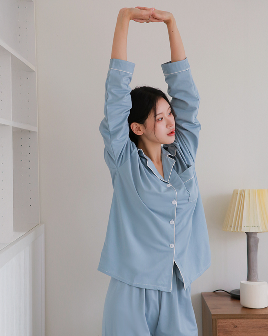 (N배송) DDO 여성 베이직 긴팔 무지 홈웨어 간절기 겨울 잠옷세트 파자마 상하세트 모스 - 상세 이미지 2