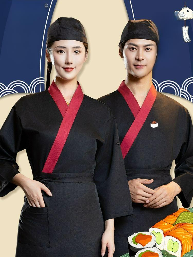 일식집유니폼 일식주방 가운 조리복 로고인쇄 상의 모자 앞치마 세트 블랙 세트 여성용 상의+모자+앞치마 M - 상품 이미지