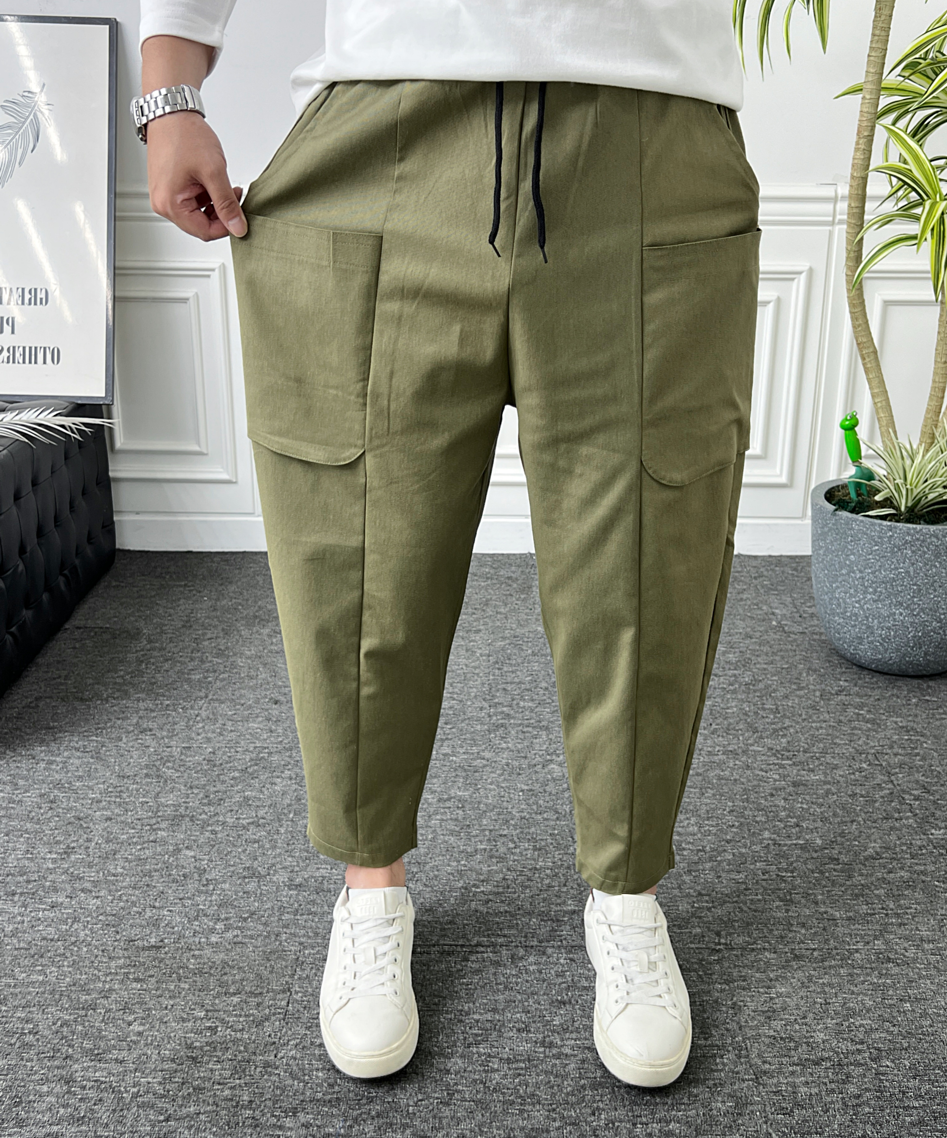 남자 벌룬팬츠 밴딩 빅카고 절개 와이드 배기바지 - 상세 이미지 4