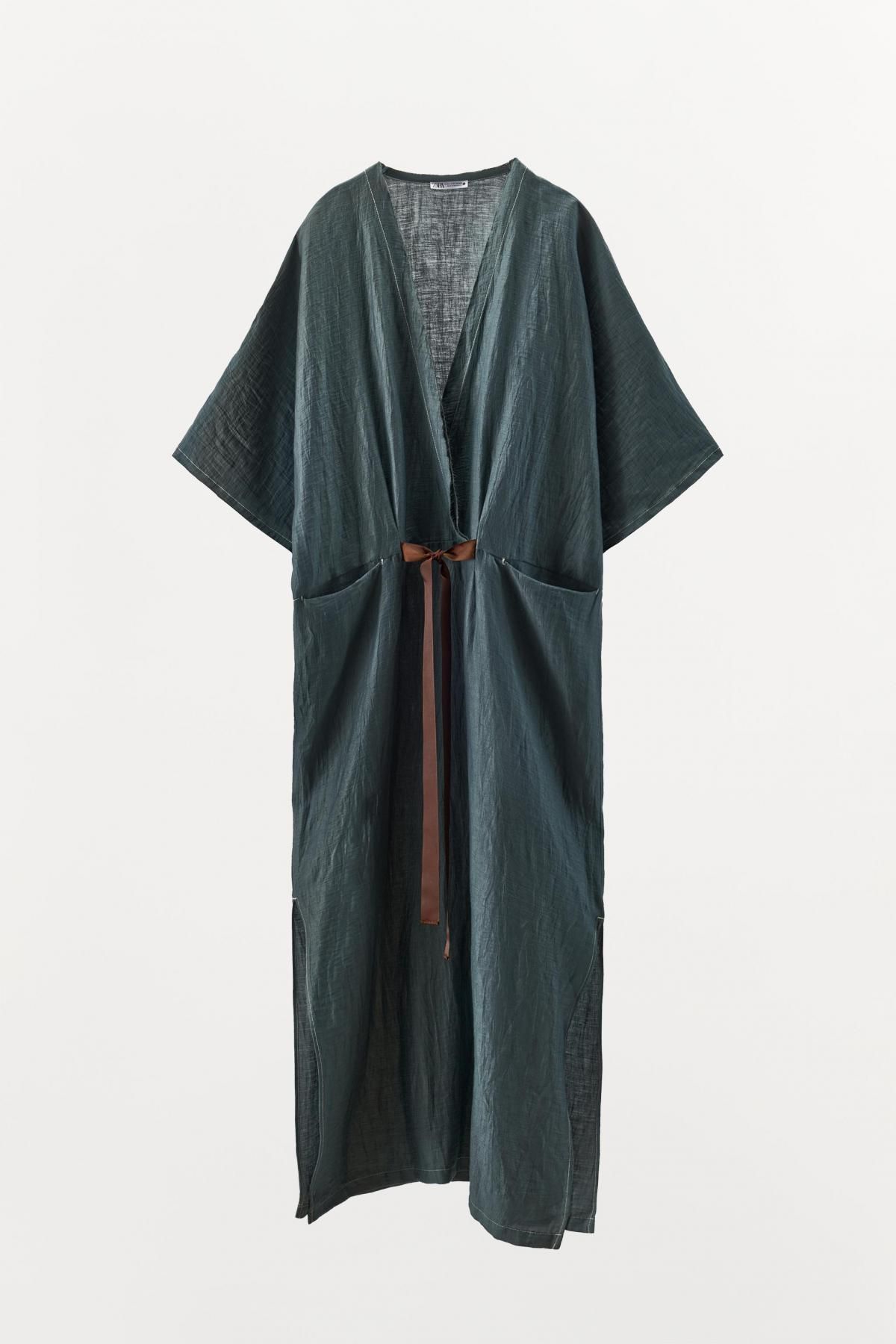 자라 린넨블렌드 배색 타이 포켓 롱 원피스 9417/832 GREEN / BLUE - 메인 이미지