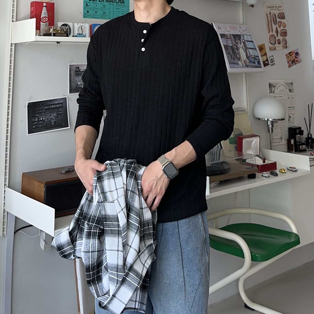 남자 긴팔티 구김없는 차이나카라 헨리넥 티셔츠 피케티셔츠 - 상세 이미지 2