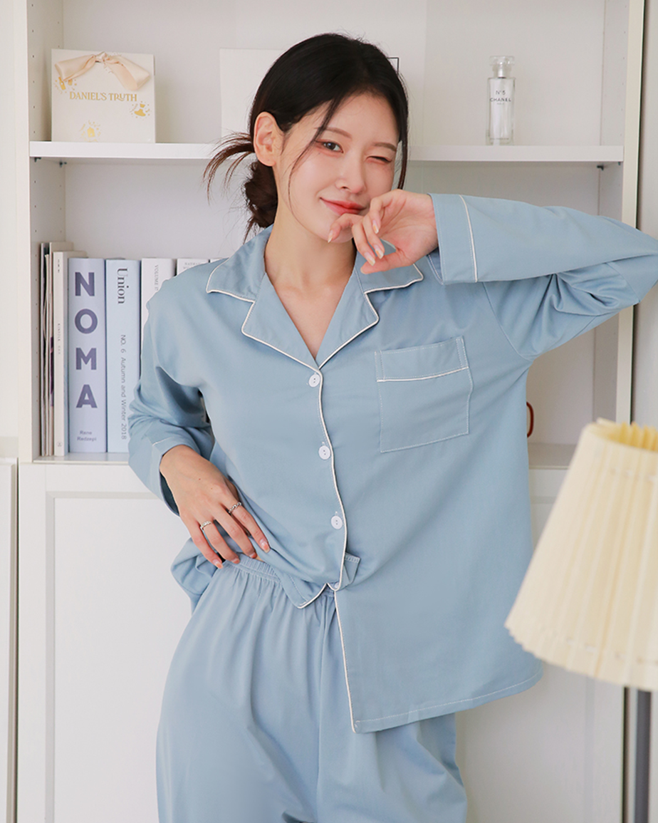 (N배송) DDO 여성 베이직 긴팔 무지 홈웨어 간절기 겨울 잠옷세트 파자마 상하세트 모스 - 상품 이미지