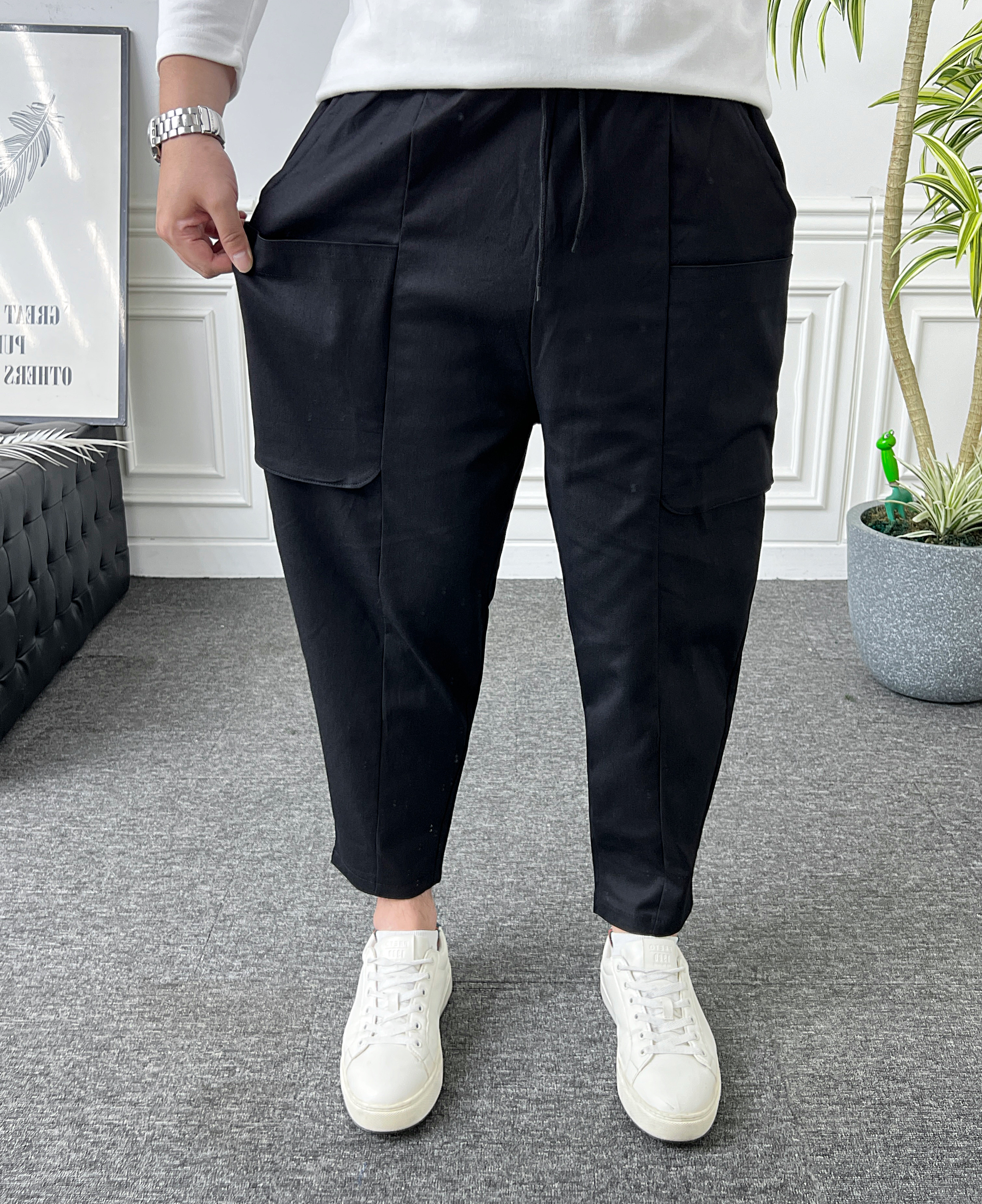 남자 벌룬팬츠 밴딩 빅카고 절개 와이드 배기바지 - 상세 이미지 5