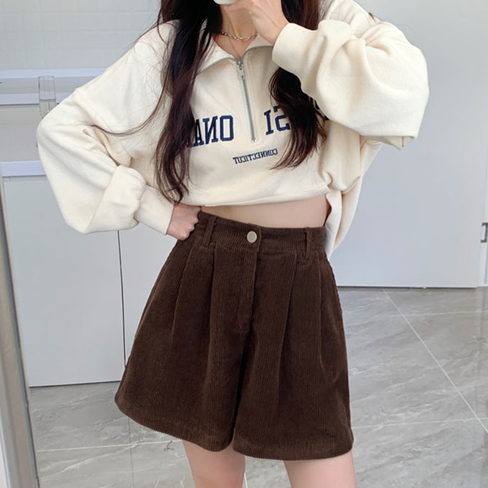 핀턱 코듀로이 반바지 밴딩 4부 브라운 겨울 버뮤다 팬츠 연말룩 - 상세 이미지 2