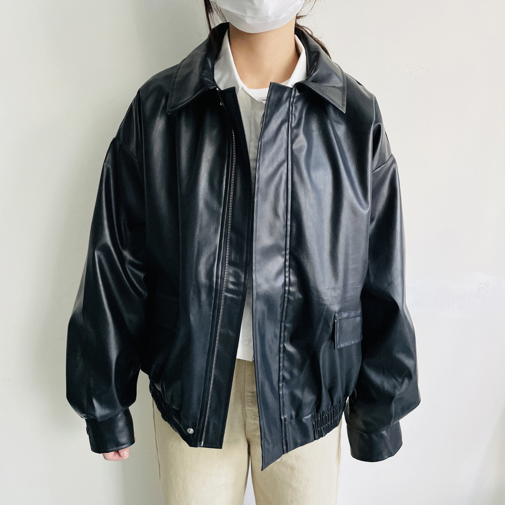 여성 오버핏 레더자켓 레더블루종 브라운 블랙 가죽자켓 - 상세 이미지 3