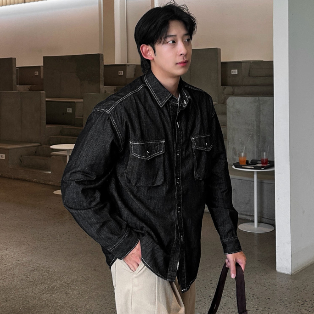 남자 터헌 오버핏 봄 가을 긴팔 데님 청 셔츠 남방 - 상세 이미지 4