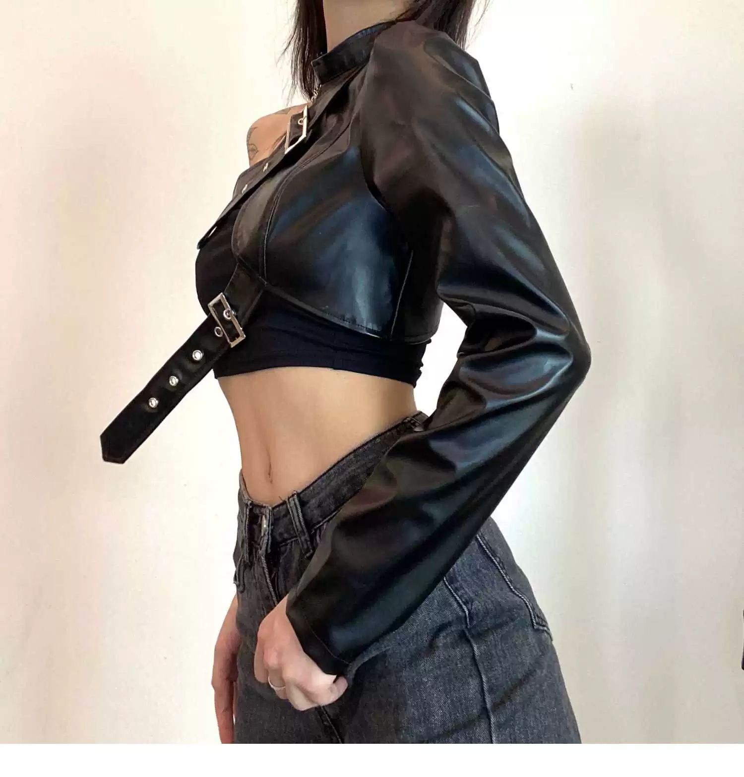 아이돌무대의상 블랙 가죽자켓 단상의상 소매오른쪽 아이돌의상 코스프레 블랙단상의상오른팔착용 S - 상세 이미지 4
