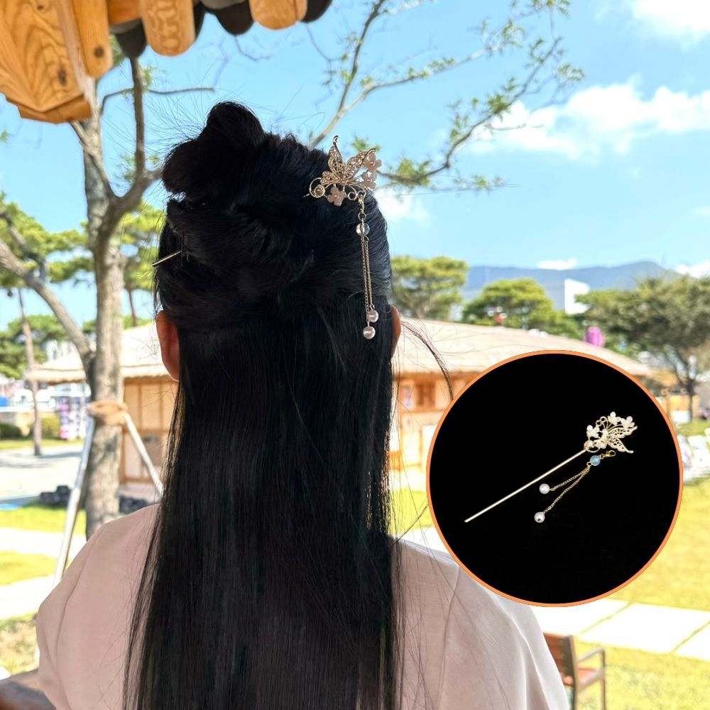 한복비녀 나비 한복머리장식 진주꽃 은비녀 헤어코사 - 상품 이미지