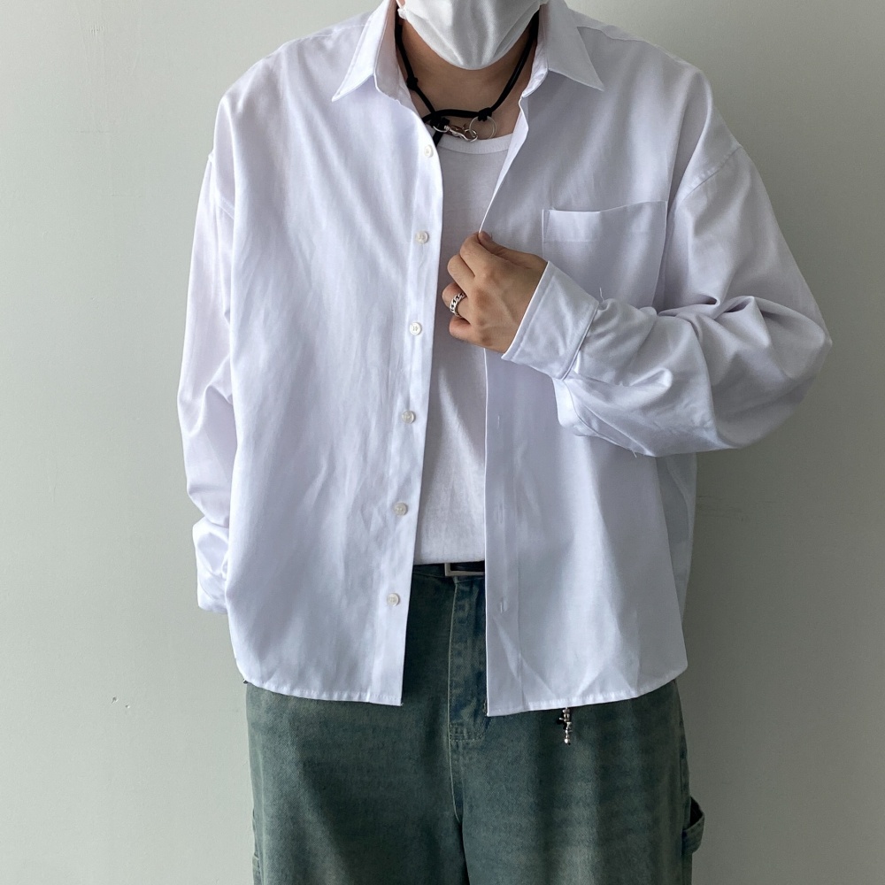 오버핏 남자옥스포드셔츠 크롭 면남방 봄 가을 흰색 긴팔 - 상품 이미지