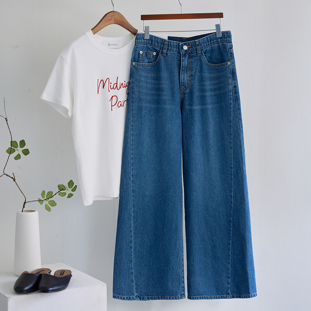 클레언 스타일리시 사이드 절개 시크릿밴딩 캣워싱 와이드 데님 팬츠 - 상세 이미지 2