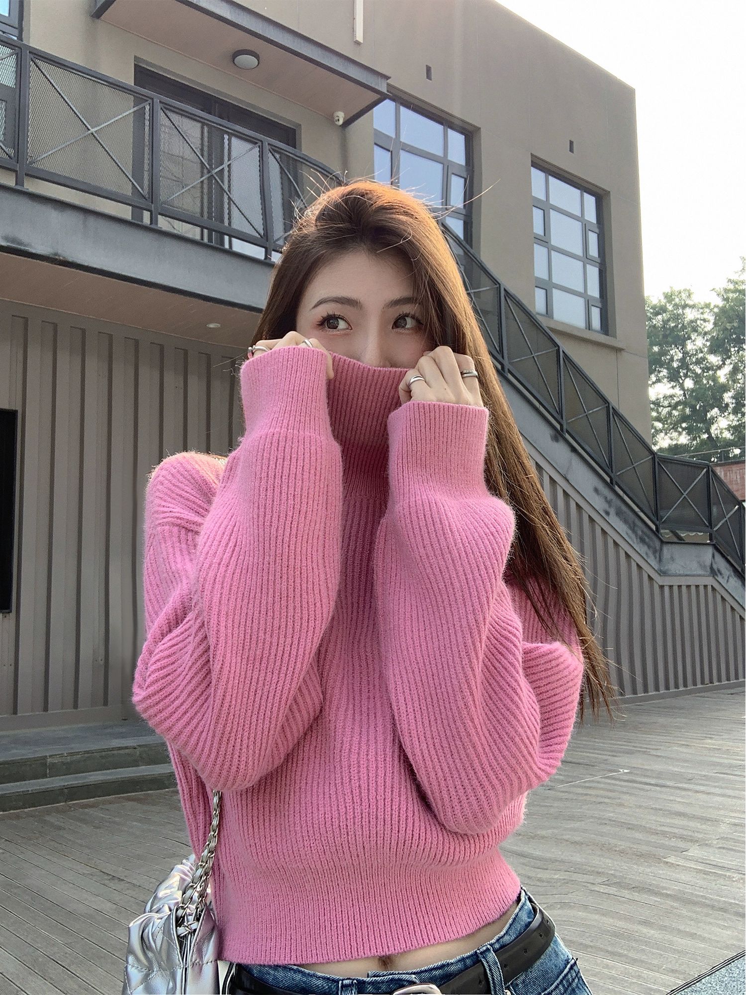 세미크롭니트 핑크 여성 하이넥 터틀넥 스웨터 핑크 M 45~50kg - 상세 이미지 2