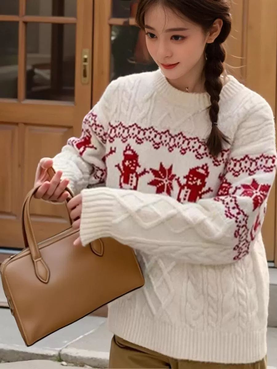 레드 빨간 니트 노르딕 빈티지 크리스마스 파티 자카드 스웨터 베이지화이트 S 47.5kg 이하 추천 - 상세 이미지 2