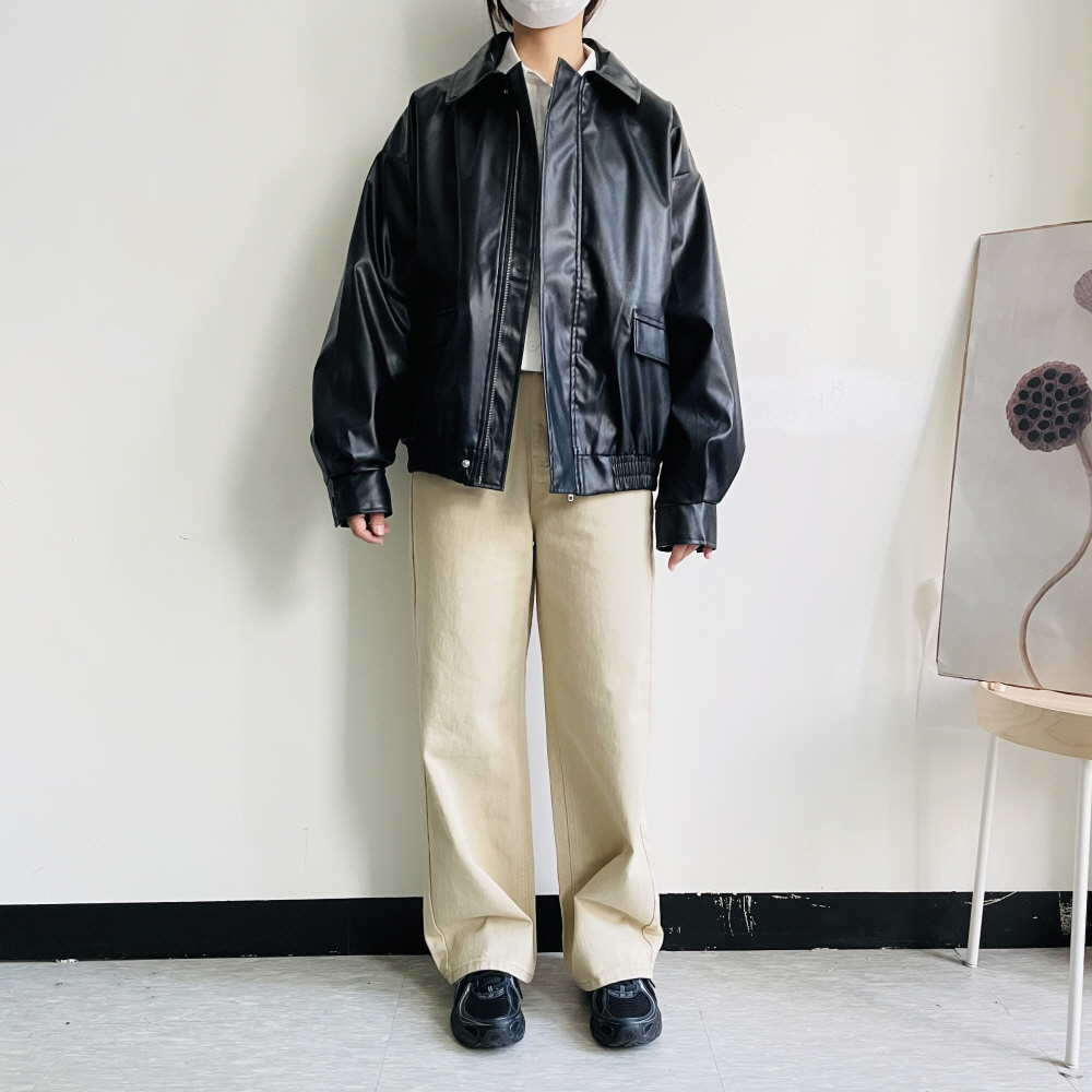 여성 오버핏 레더자켓 레더블루종 브라운 블랙 가죽자켓 - 상세 이미지 4