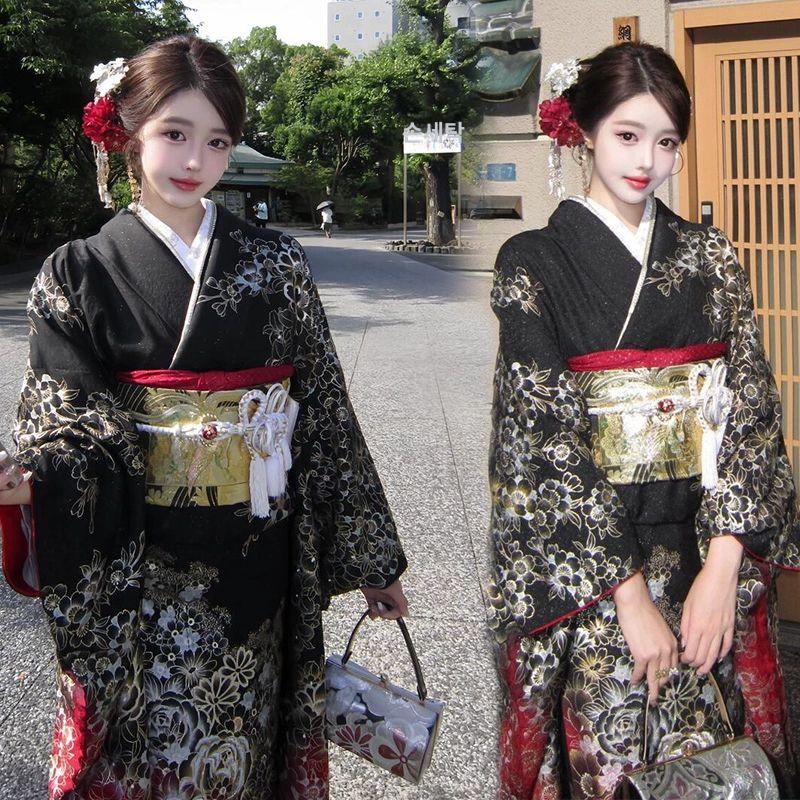 여성 기모노 유카타 일본 전통의상 할로윈 코프프레 졸업사진 기모노 여자+직물 나비 넥타이 머리장식 프리사이즈 이미지 7