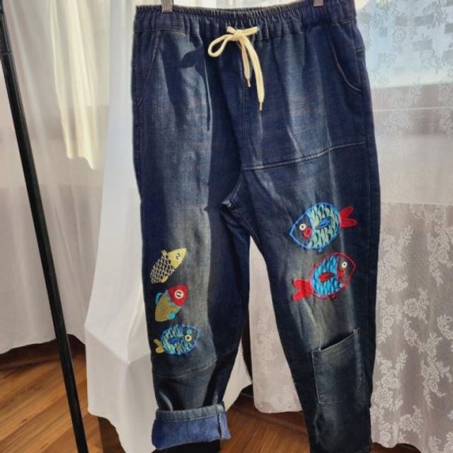 기모 데님 루즈핏 배기 바지 겨울바지 배기바지 밴딩 one - 상품 이미지