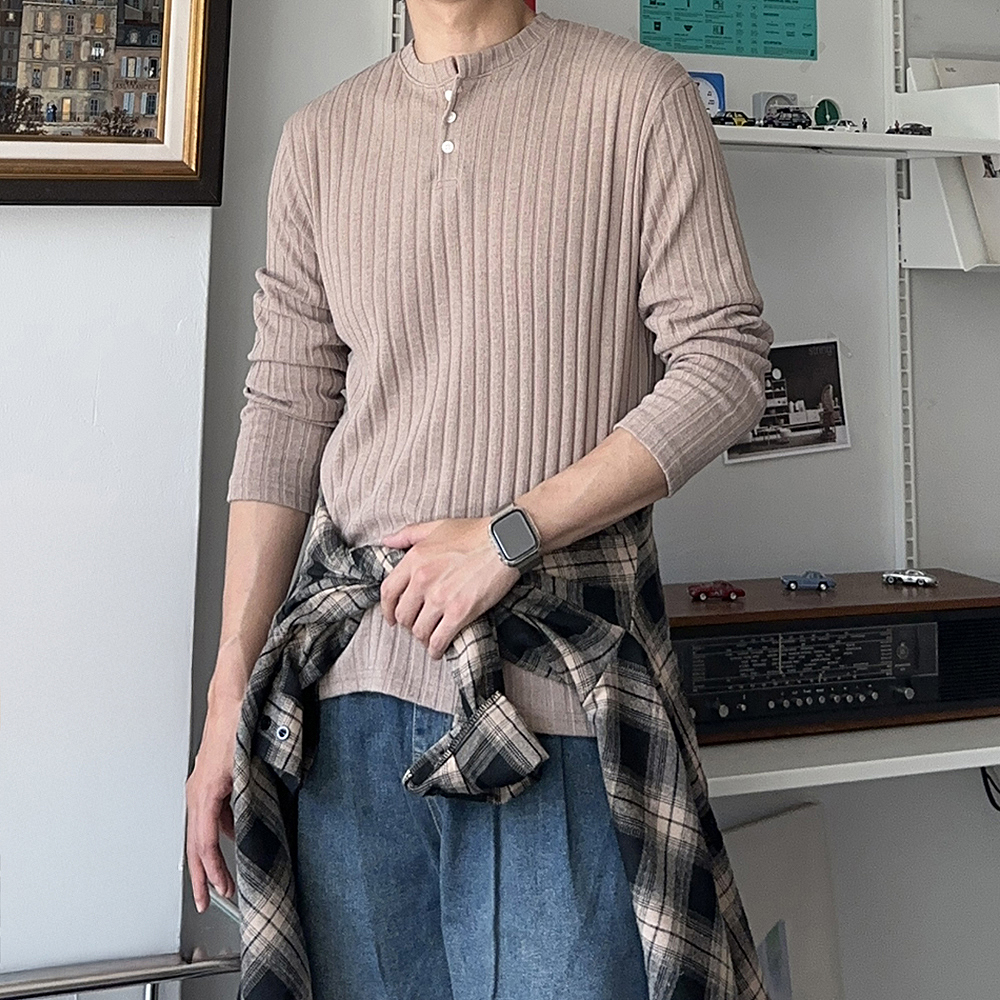 남자 긴팔티 구김없는 차이나카라 헨리넥 티셔츠 피케티셔츠 - 상품 이미지