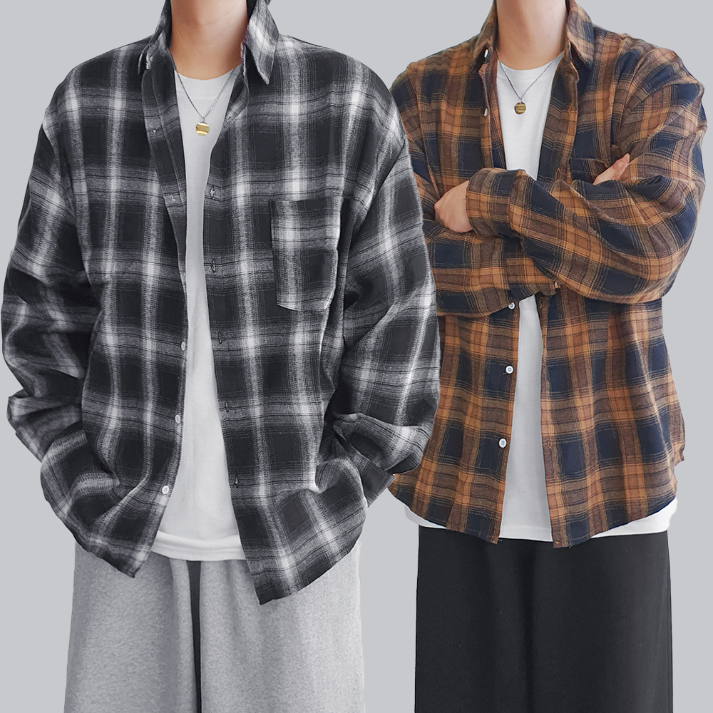 남자 오버핏 타탄 체크 셔츠 캐주얼 봄 가을 레이어드 남방 - 상품 이미지