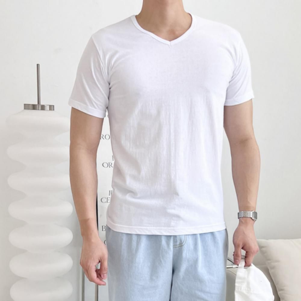 남자 무지 기본 브이넥 반팔티 면티 반팔 티셔츠 챠콜 - 상품 이미지