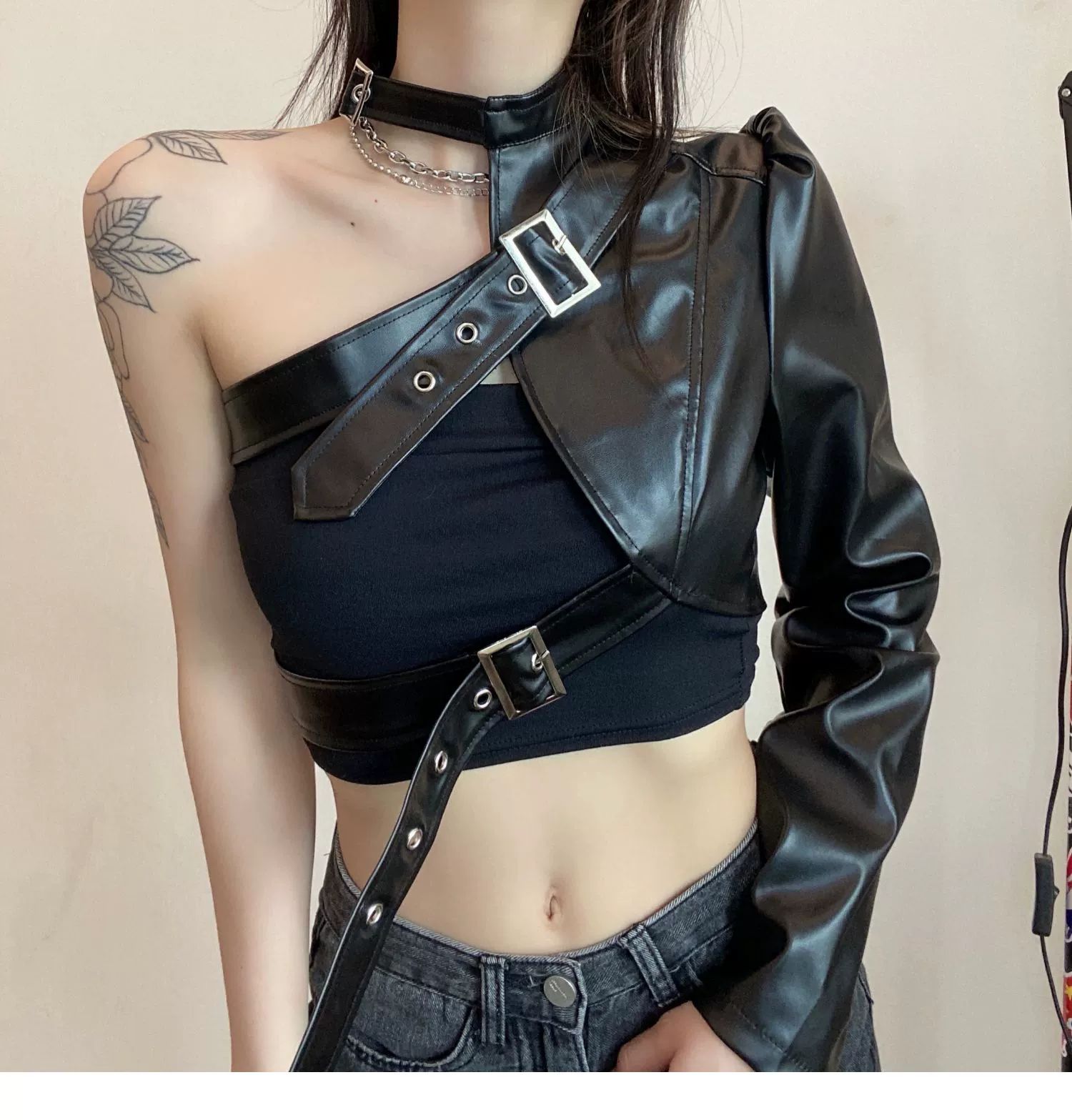 아이돌무대의상 블랙 가죽자켓 단상의상 소매오른쪽 아이돌의상 코스프레 블랙단상의상오른팔착용 S - 상세 이미지 2