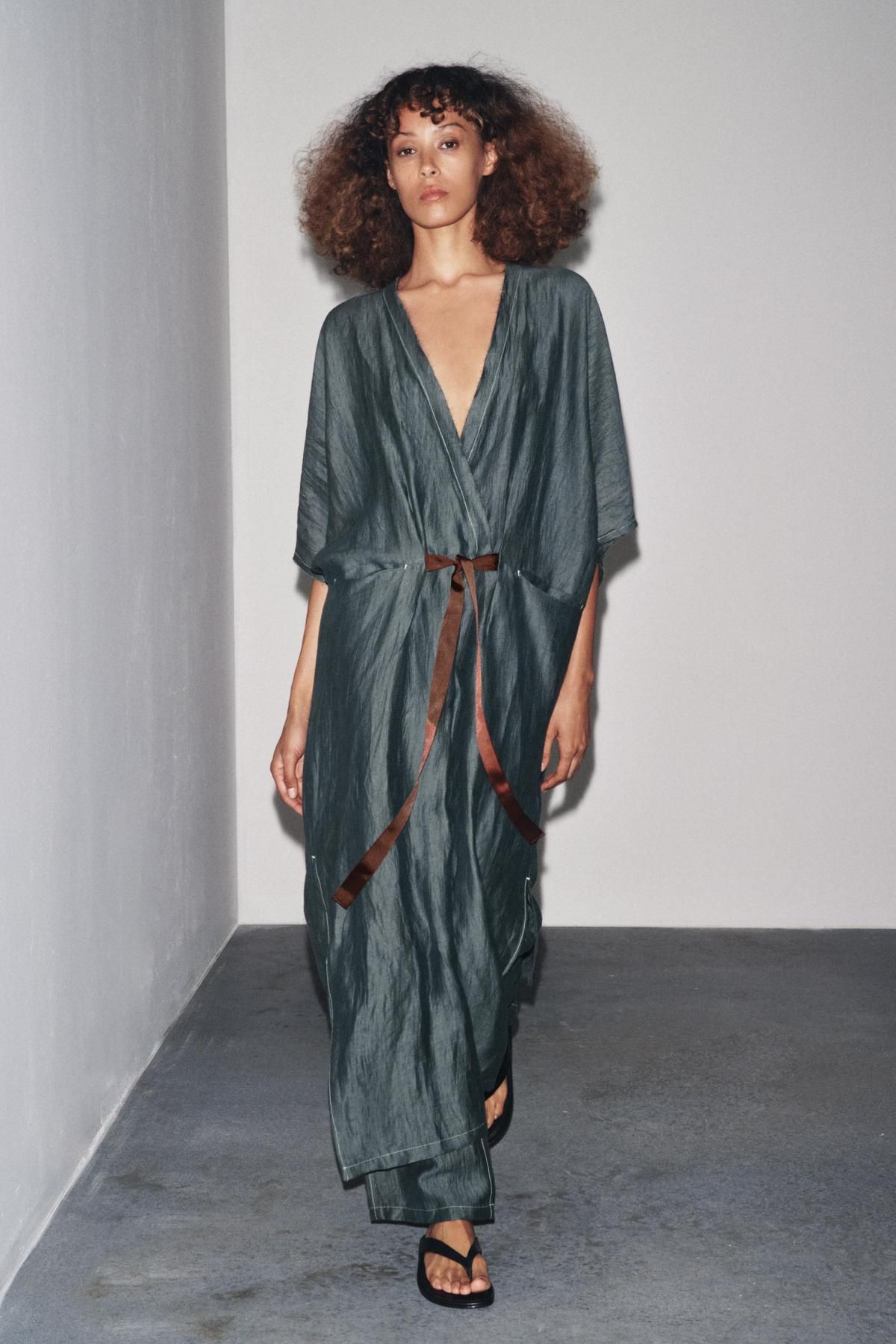 자라 린넨블렌드 배색 타이 포켓 롱 원피스 9417/832 GREEN / BLUE - 상세 이미지 2