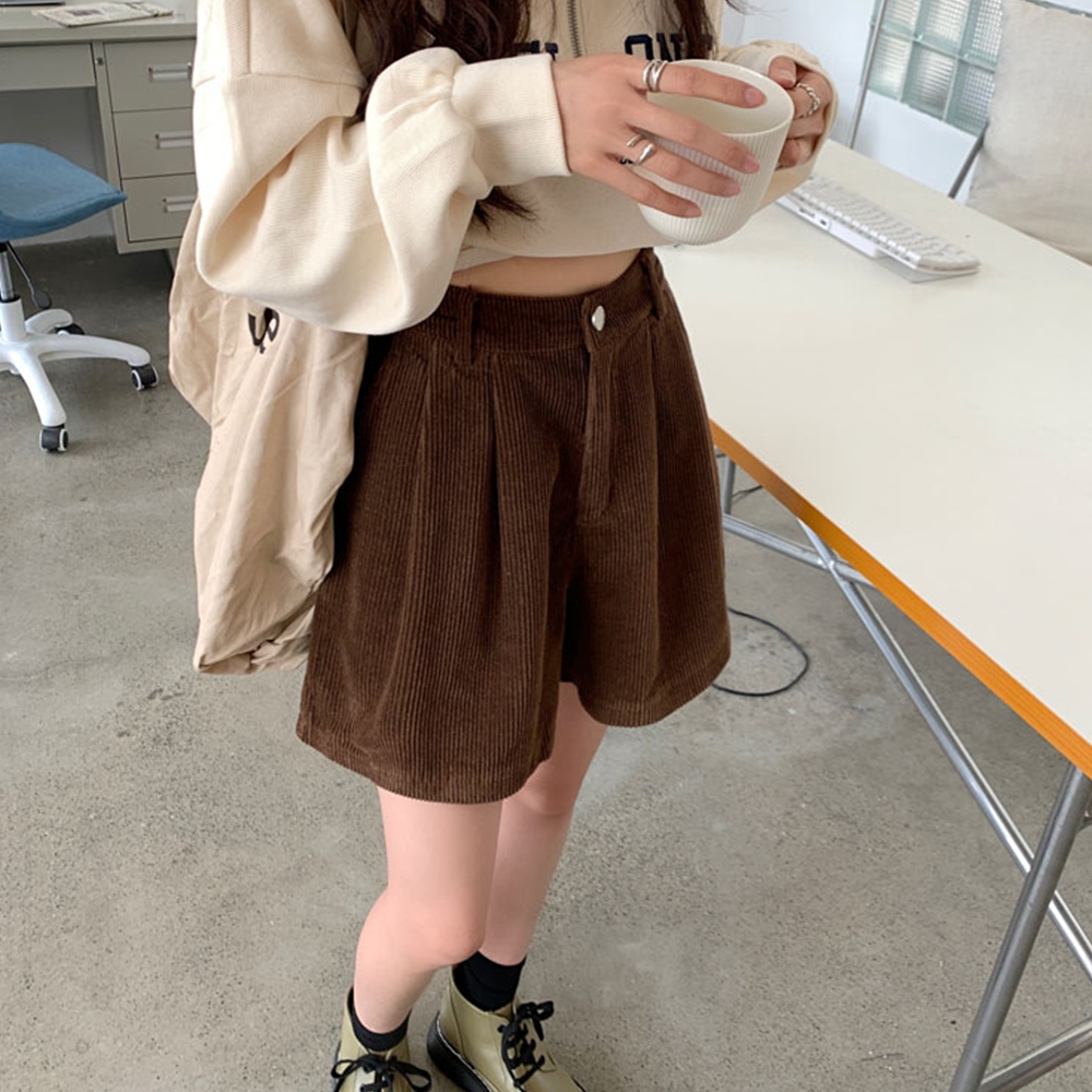 핀턱 코듀로이 반바지 밴딩 4부 브라운 겨울 버뮤다 팬츠 연말룩 - 상세 이미지 4