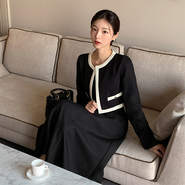 [자체제작] 부티크 트위드 투피스 롱 플레어 원피스 op15619