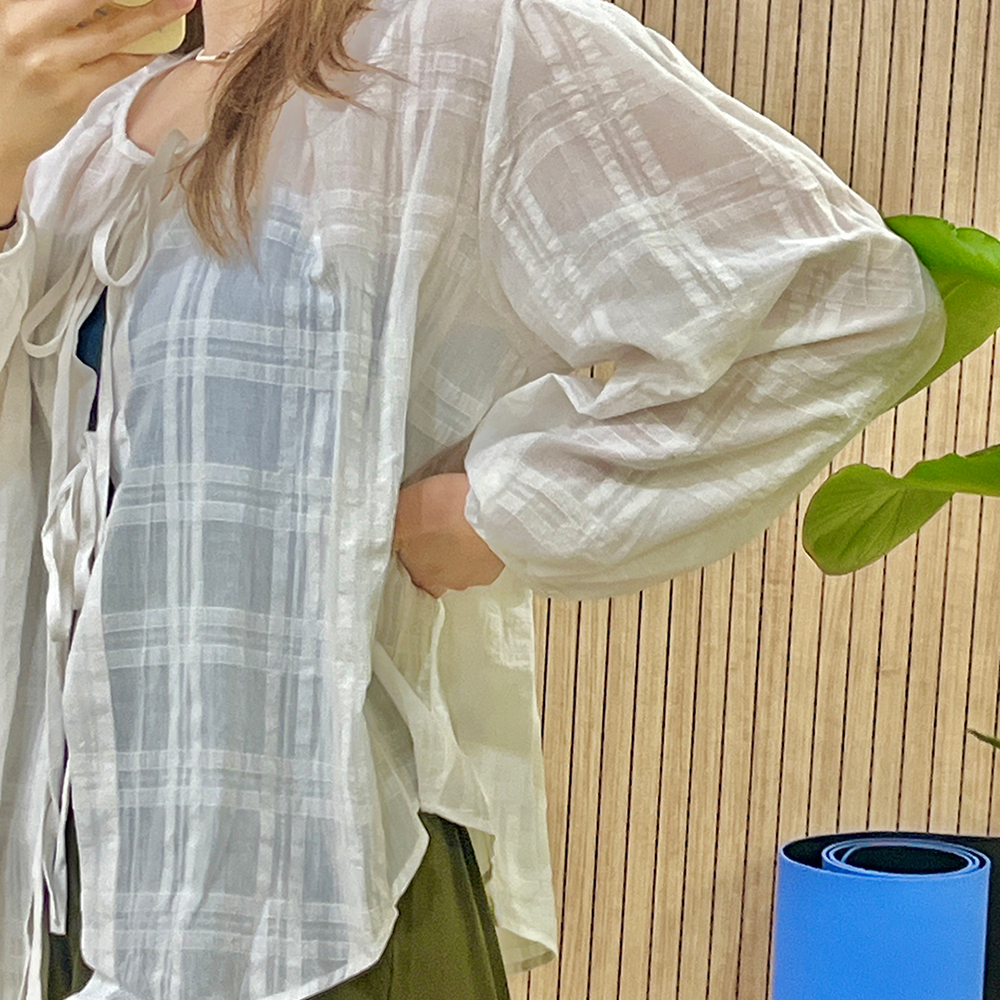 리본 블라우스 가디건 커버업 오버핏 로브 5D힐링 - 상세 이미지 5