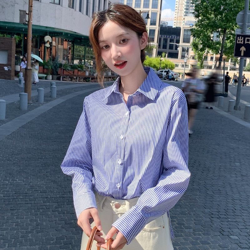 여성용 블루 스트라이프 셔츠 프렌치 스타일 여름 캐주얼 반팔블라우스 시원한 착용감 데일리룩 스타일리시한 여성의류 - 상세 이미지 2